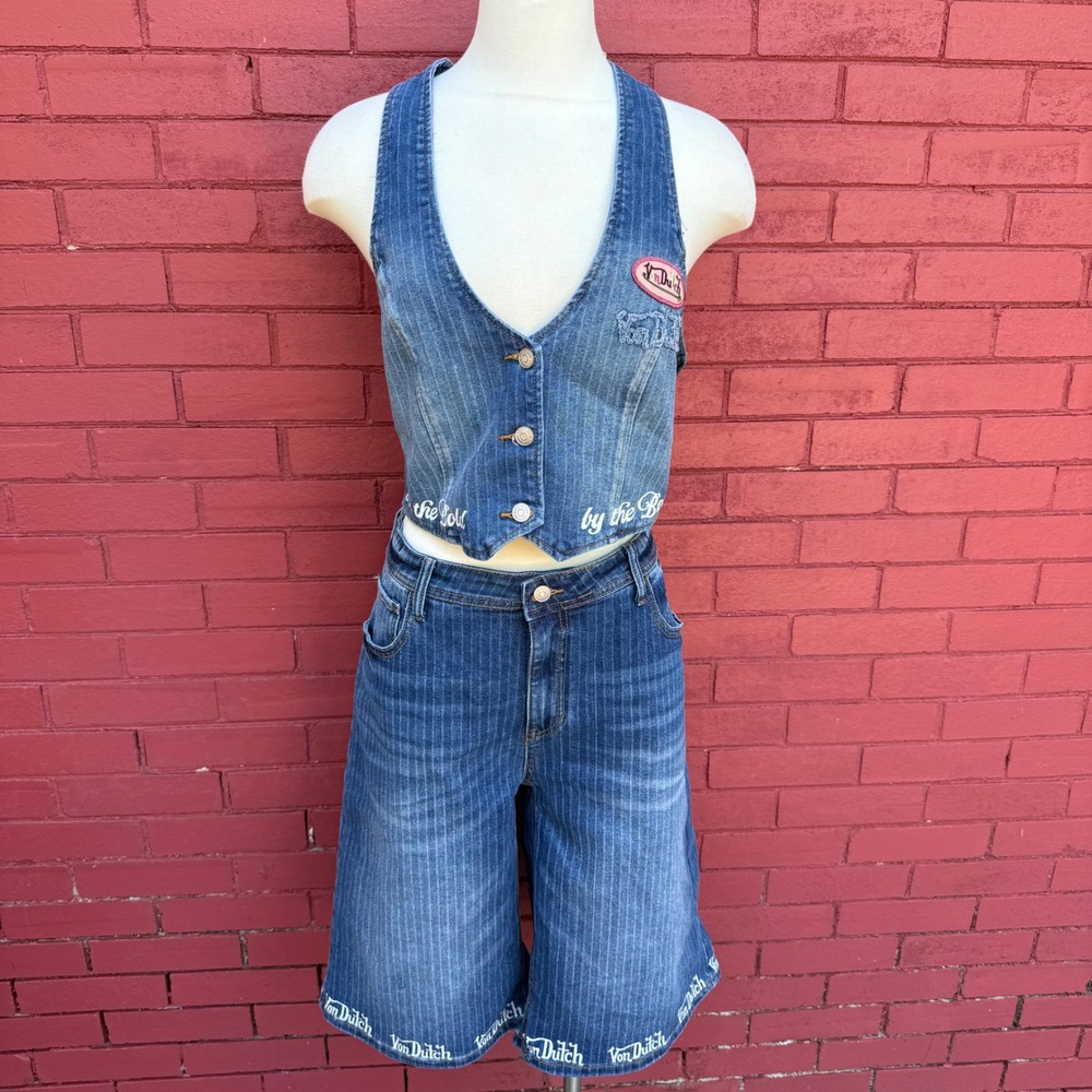 Von Dutch Denim 2 Piece Set Halter Vest and Long Shorts Blue Pinstripe Size